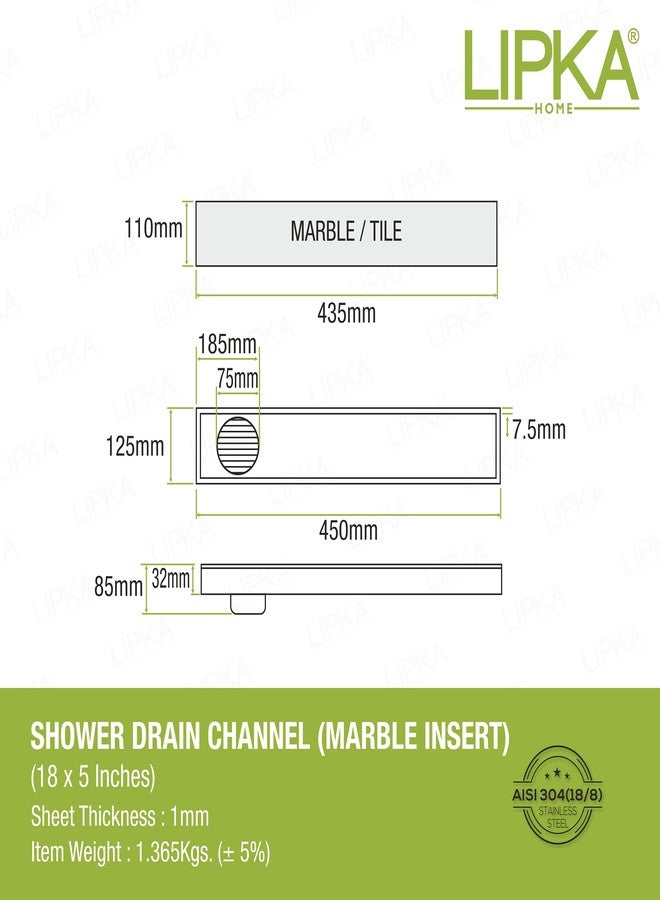 LIPKA Marble Insert Shower Drain Channel | 18 x 5 Inches| 304-Grade Stainless Steel Long Floor Drain for Bathrooms & Shower Areas | 21mm Marble Invisible Water Drainer with Side Hole & Cockroach Trap - Image 2